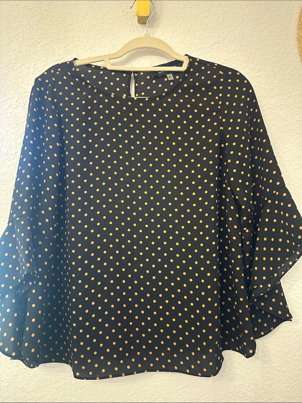 Black Polka Dot Blouse with Yellow Dots — Women's Elegant Long-Sleeve Top